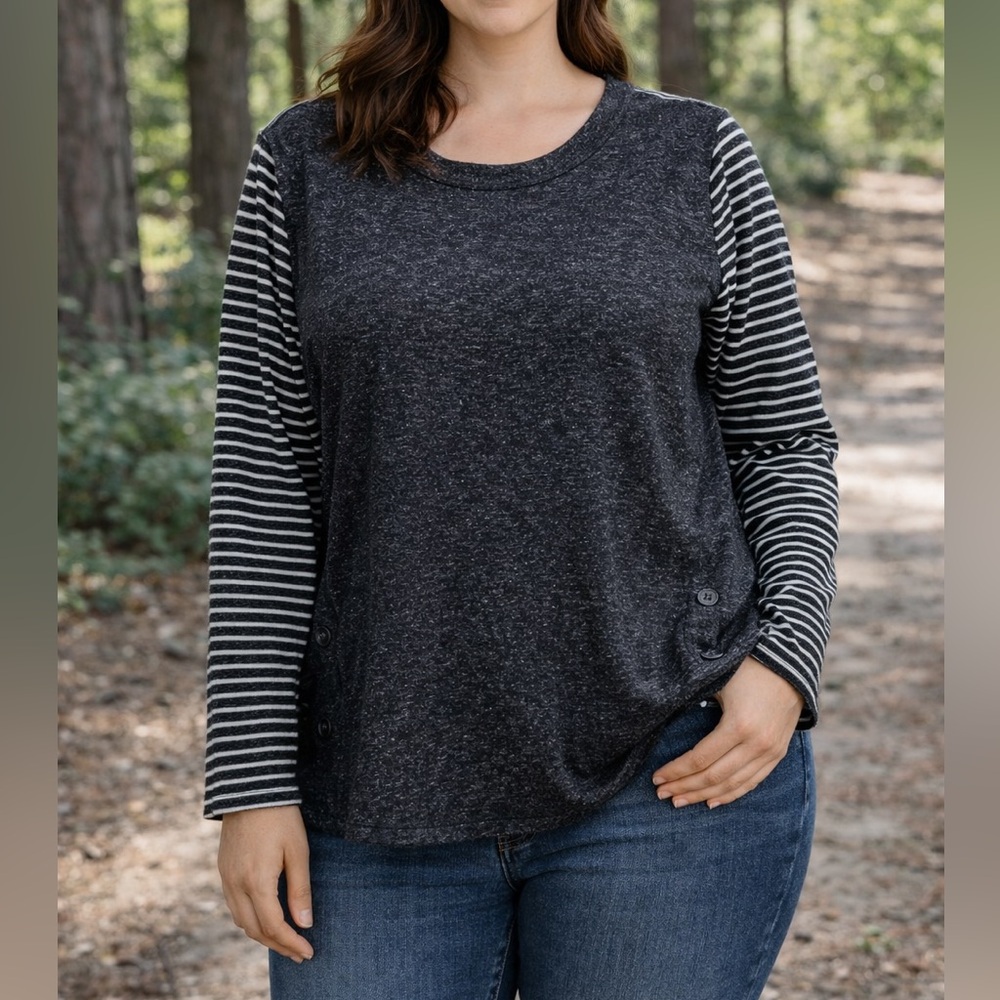 Womens Charcoal Striped Long Sleeve Tee Soft Cozy Casual‎ Everyday Top